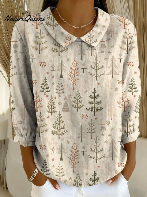 Women's Christmas Tree Art Print Casual Cotton And Linen 3/4 Sleeve Shirt