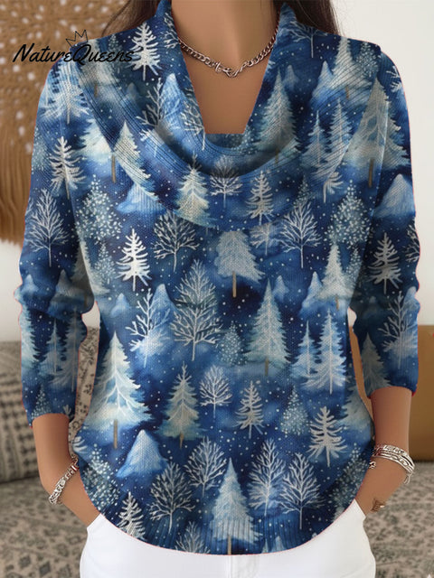 Women's Christmas Tree Pattern Art Print Cowl Neck Sweater
