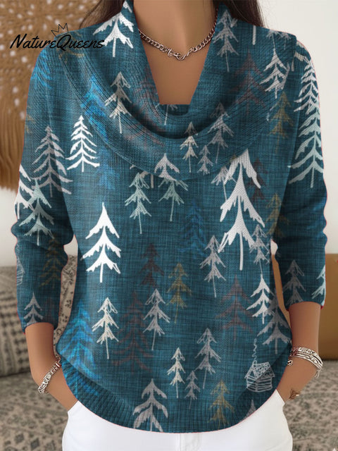 Women's Christmas Tree Pattern Art Print Cowl Neck Sweater