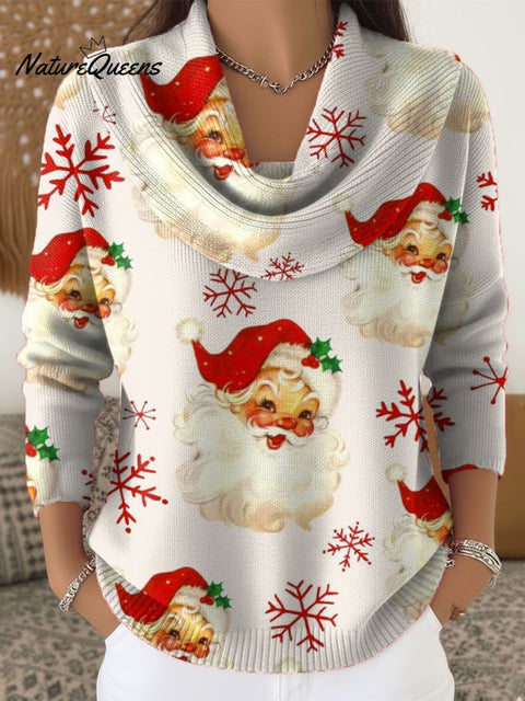Women's Christmas Santa Pattern Art Print Cowl Neck Sweater