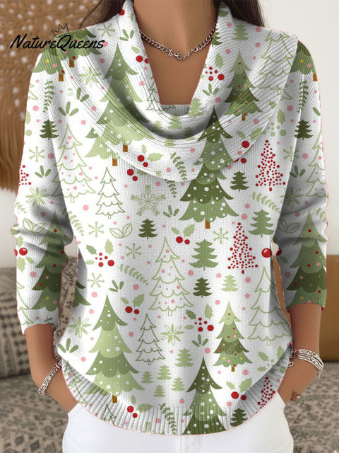 Women's Christmas Tree Pattern Art Print Cowl Neck Sweater