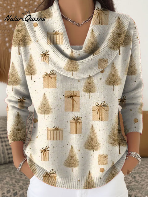 Women's Christmas Tree Pattern Art Print Cowl Neck Sweater