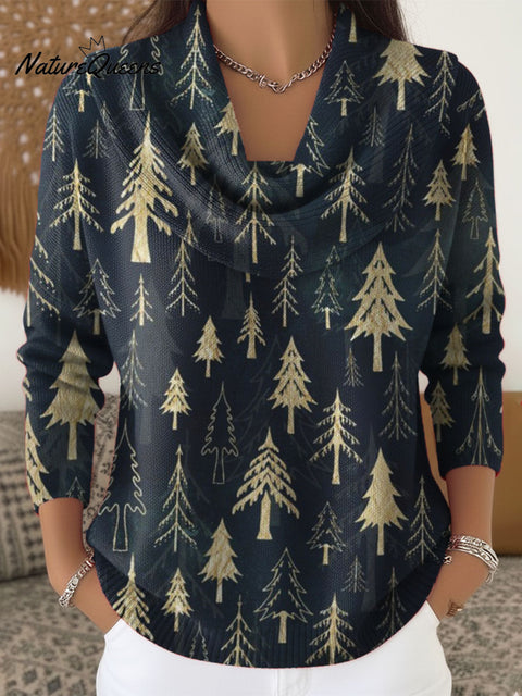 Women's Christmas Tree Pattern Art Print Cowl Neck Sweater
