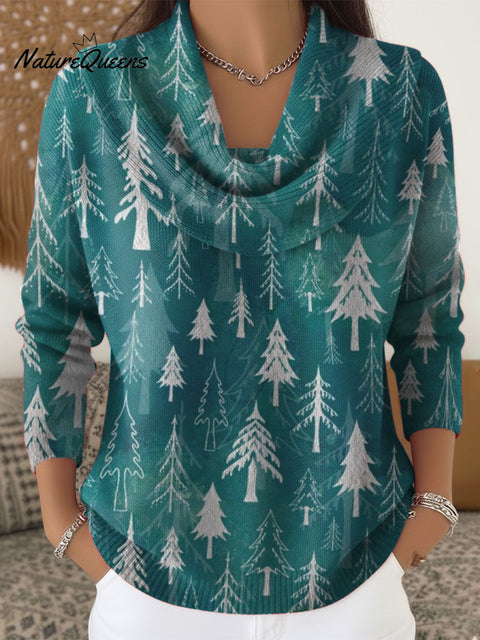 Women's Christmas Tree Pattern Art Print Cowl Neck Sweater