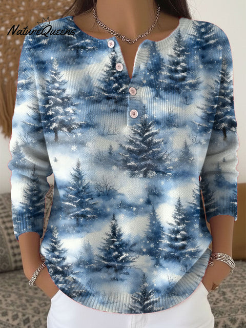 Women's Christmas Tree Art Print Buttoned Cardigan Sweater