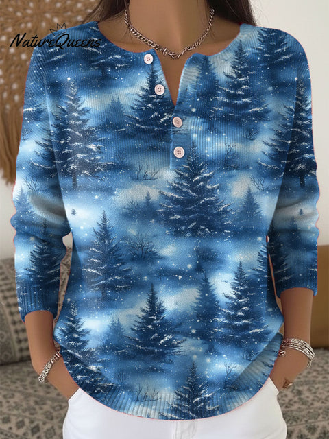 Women's Christmas Tree Art Print Buttoned Cardigan Sweater