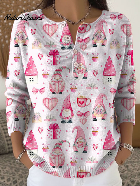 Women's Christmas Gnome Art Print Buttoned Cardigan Sweater