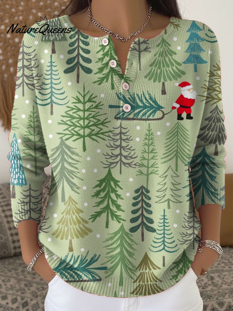 Women's Christmas Tree Santa Pattern Art Print Buttoned Cardigan Sweater