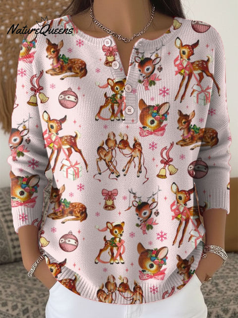 Women's Christmas Deer Art Print Buttoned Cardigan Sweater