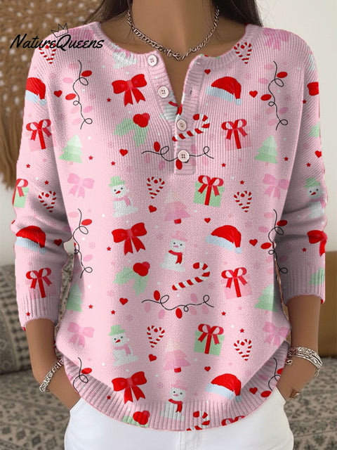 Women's Christmas Pattern Art Print Buttoned Cardigan Sweater