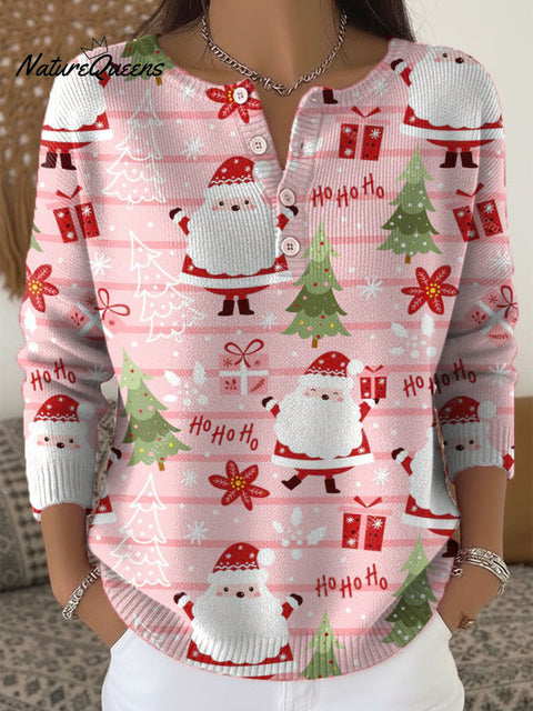 Women's Funny Christmas Santa Art Print Buttoned Cardigan Sweater