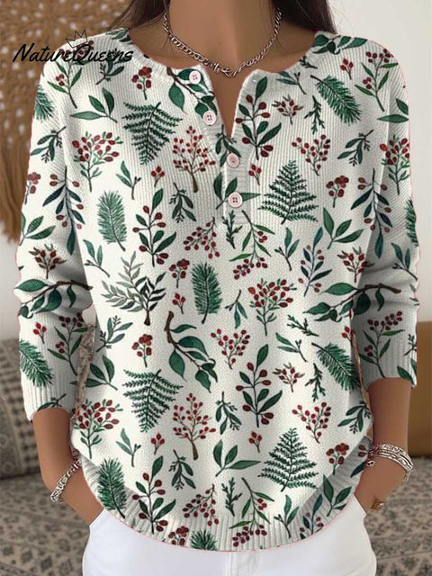 Women's Christmas Floral Pattern Art Print Buttoned Cardigan Sweater