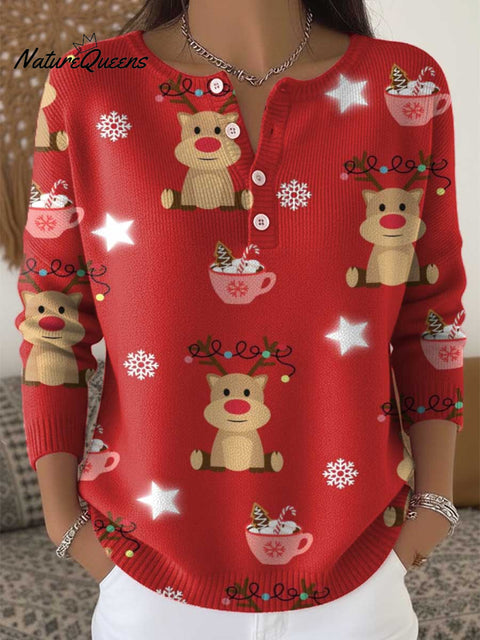 Women's Christmas Deer Pattern Art Print Buttoned Cardigan Sweater
