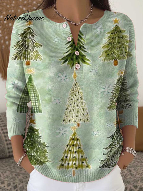 Women's Christmas Tree Pattern Art Print Buttoned Cardigan Sweater