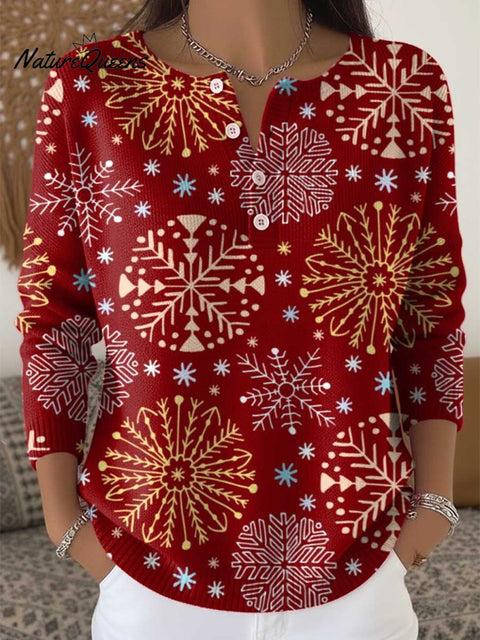 Women's Christmas Snowflake Pattern Art Print Buttoned Cardigan Sweater