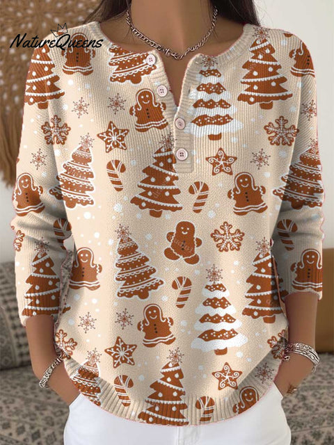 Women's Christmas Pattern Art Print Buttoned Cardigan Sweater