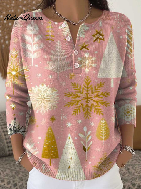 Women's Christmas Tree Pattern Art Print Buttoned Cardigan Sweater