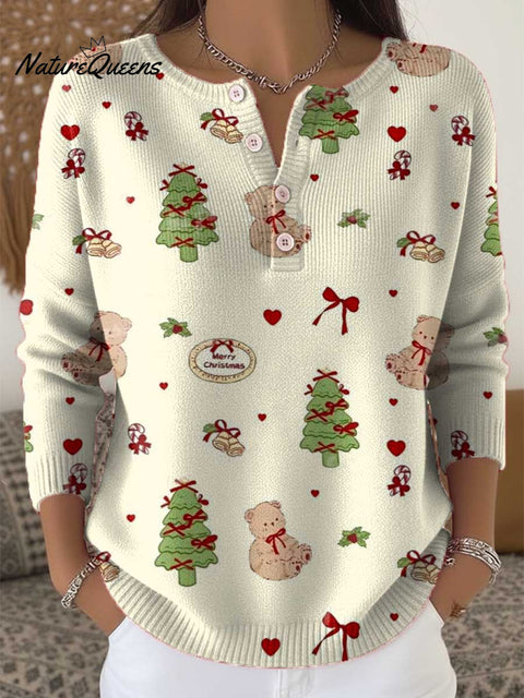 Women's Christmas Tree Pattern Art Print Buttoned Cardigan Sweater