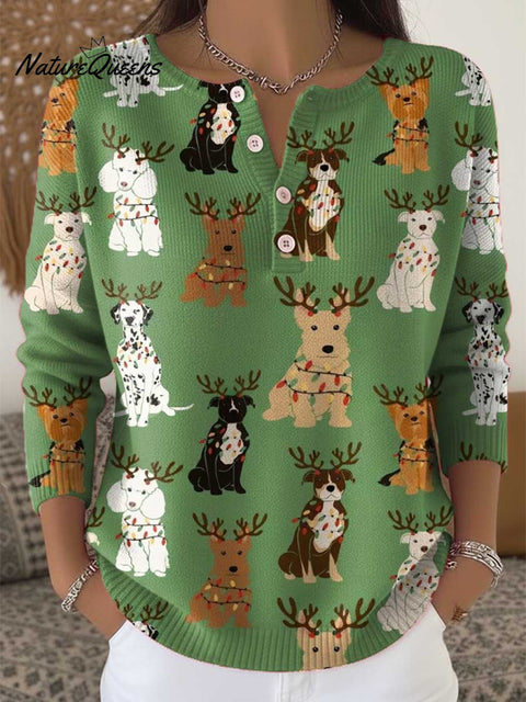 Women's Christmas Dogs Pattern Art Print Buttoned Cardigan Sweater
