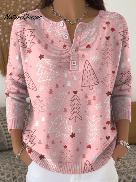 Women's Christmas Tree Pattern Art Print Buttoned Cardigan Sweater