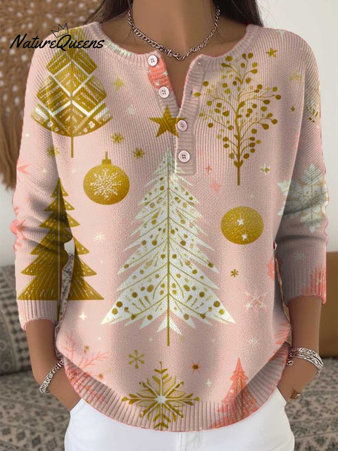 Women's Christmas Tree Pattern Art Print Buttoned Cardigan Sweater