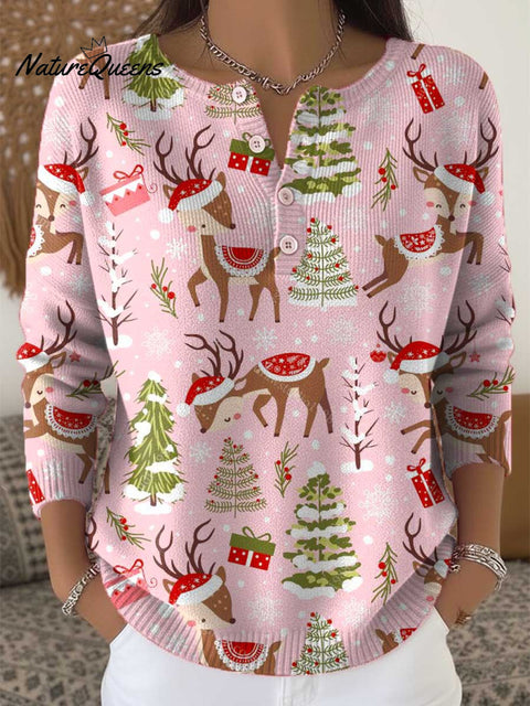 Women's Christmas Tree Deer Pattern Art Print Buttoned Cardigan Sweater