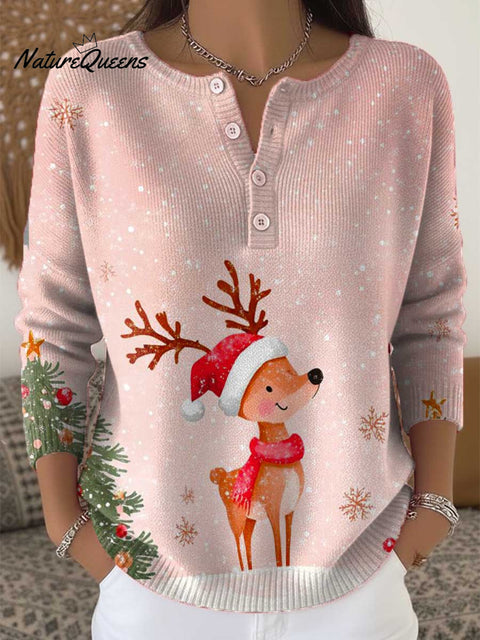 Women's Christmas Deer Pattern Art Print Buttoned Cardigan Sweater
