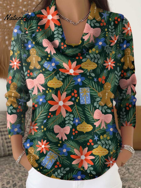 Women's Christmas Pattern Art Print Cowl Neck Sweater