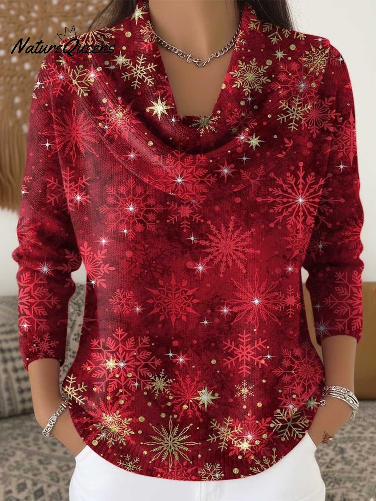 Women's Christmas Snowflake Pattern Art Print Cowl Neck Sweater