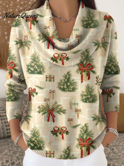 Women's Christmas Tree Pattern Art Print Cowl Neck Sweater