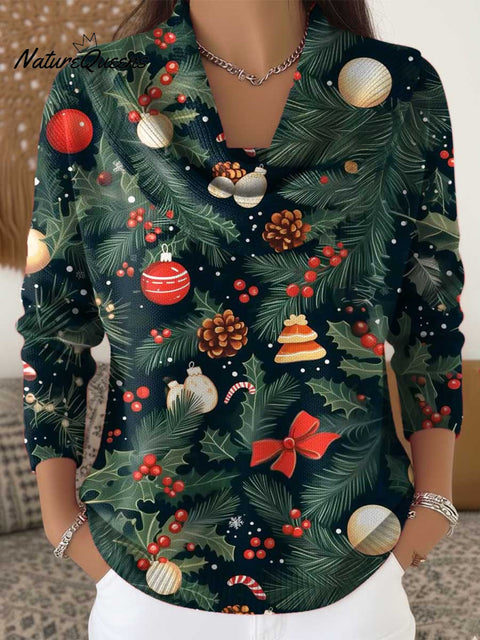 Women's Christmas Pattern Art Print Cowl Neck Sweater