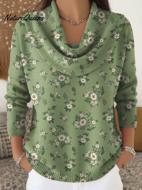 Women's Floral Pattern Art Print Cowl Neck Sweater