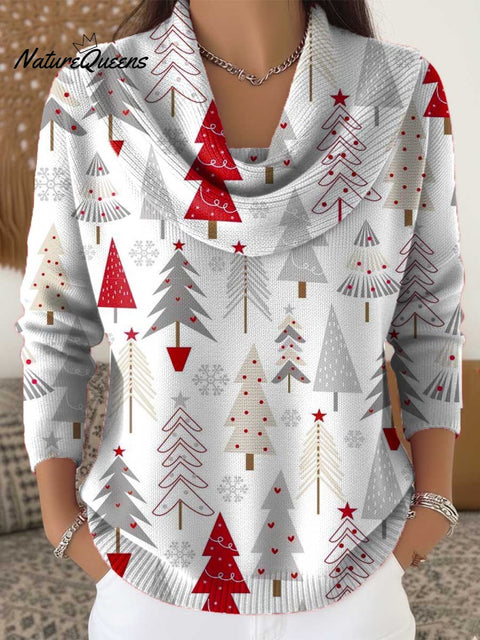 Women's Christmas Tree Pattern Art Print Cowl Neck Sweater