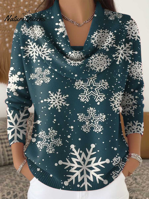 Women's Christmas Snowflake Pattern Art Print Cowl Neck Sweater