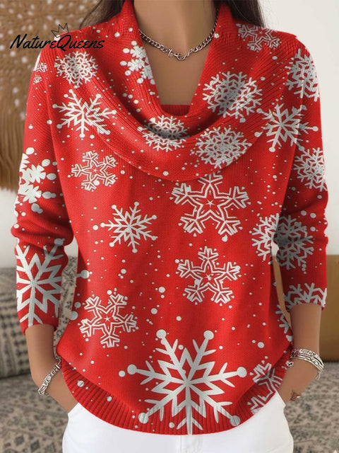 Women's Christmas Snowflake Pattern Art Print Cowl Neck Sweater