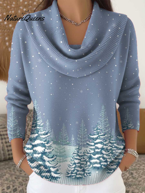 Women's Christmas Tree Pattern Art Print Cowl Neck Sweater