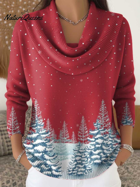Women's Christmas Tree Pattern Art Print Cowl Neck Sweater