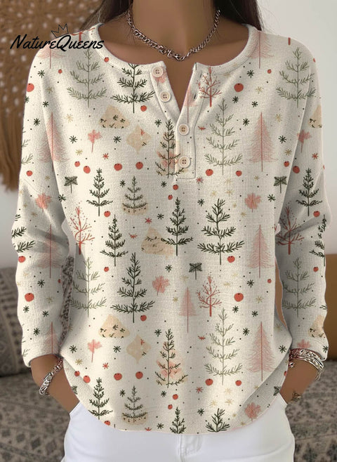 Women's Christmas Tree Art Print Casual Cotton Shirt