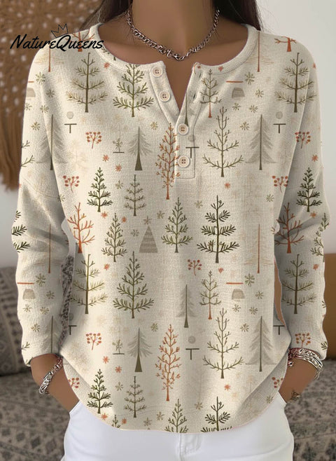 Women's Christmas Tree Art Print Casual Cotton Shirt