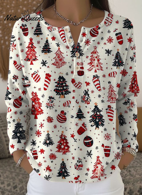 Women's Christmas Tree Art Print Casual Cotton Shirt