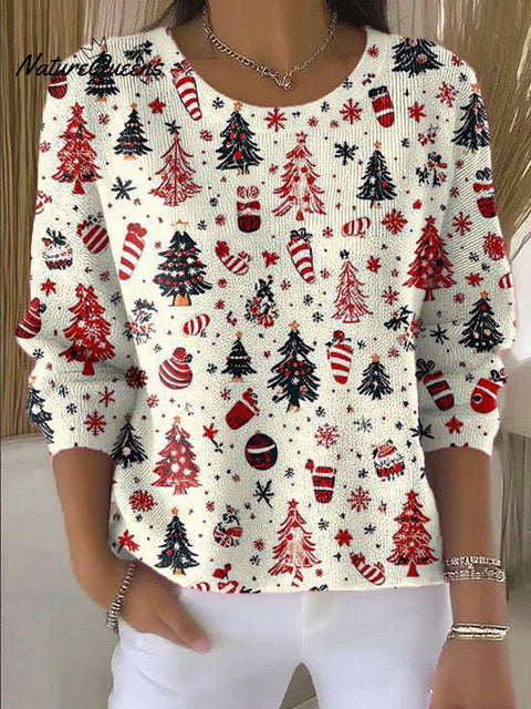 Women's Christmas Tree Art Print Casual Pullover Sweater