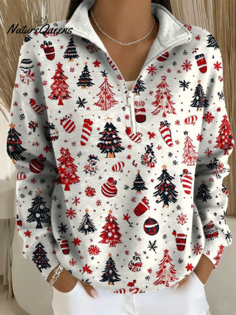 Women's Christmas Tree Art Print Casual Long Sleeve Zip Sweatshirt
