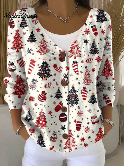 Women's Christmas Tree Art Print Buttoned V-neck Cardigan Sweater