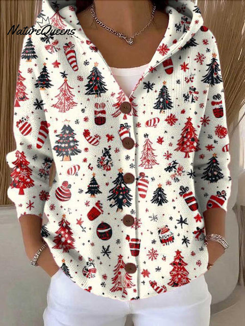 Women's Christmas Tree Art Printed Casual Hooded Button Sweater