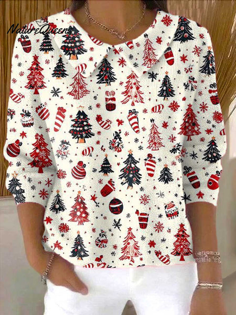 Women's Christmas Tree Art Print Casual Peter Pan Collar 3/4 Sleeve Sweater