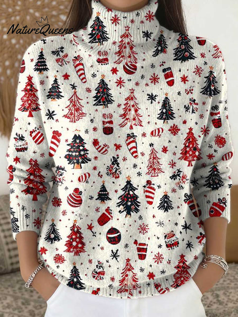 Women's Christmas Tree Art Print Knit Turtleneck Pullover Sweater