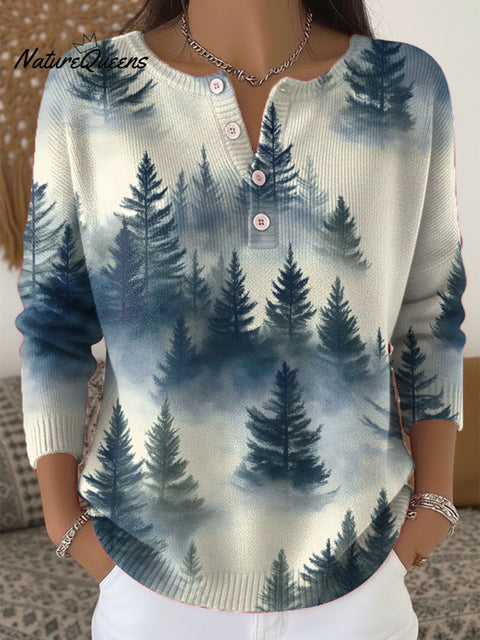 Women's Christmas Tree Pattern Art Print Buttoned Cardigan Sweater