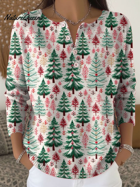 Women's Christmas Tree Pattern Art Print Buttoned Cardigan Sweater