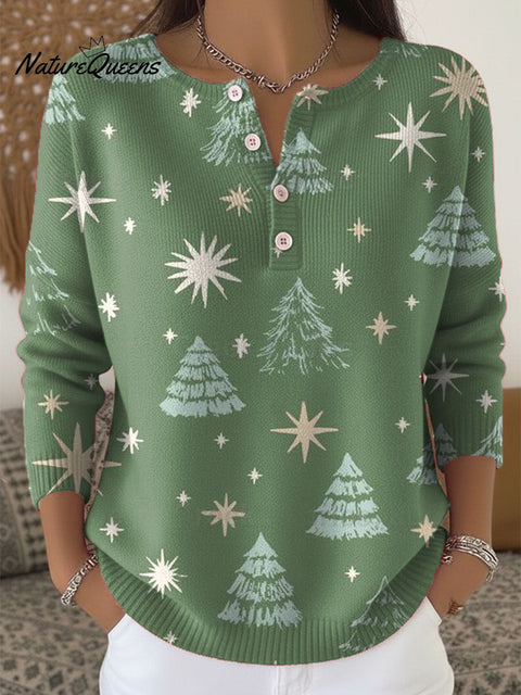 Women's Christmas Tree Pattern Art Print Buttoned Cardigan Sweater