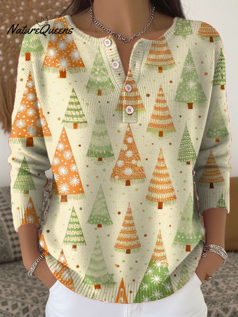 Women's Christmas Tree Pattern Art Print Buttoned Cardigan Sweater